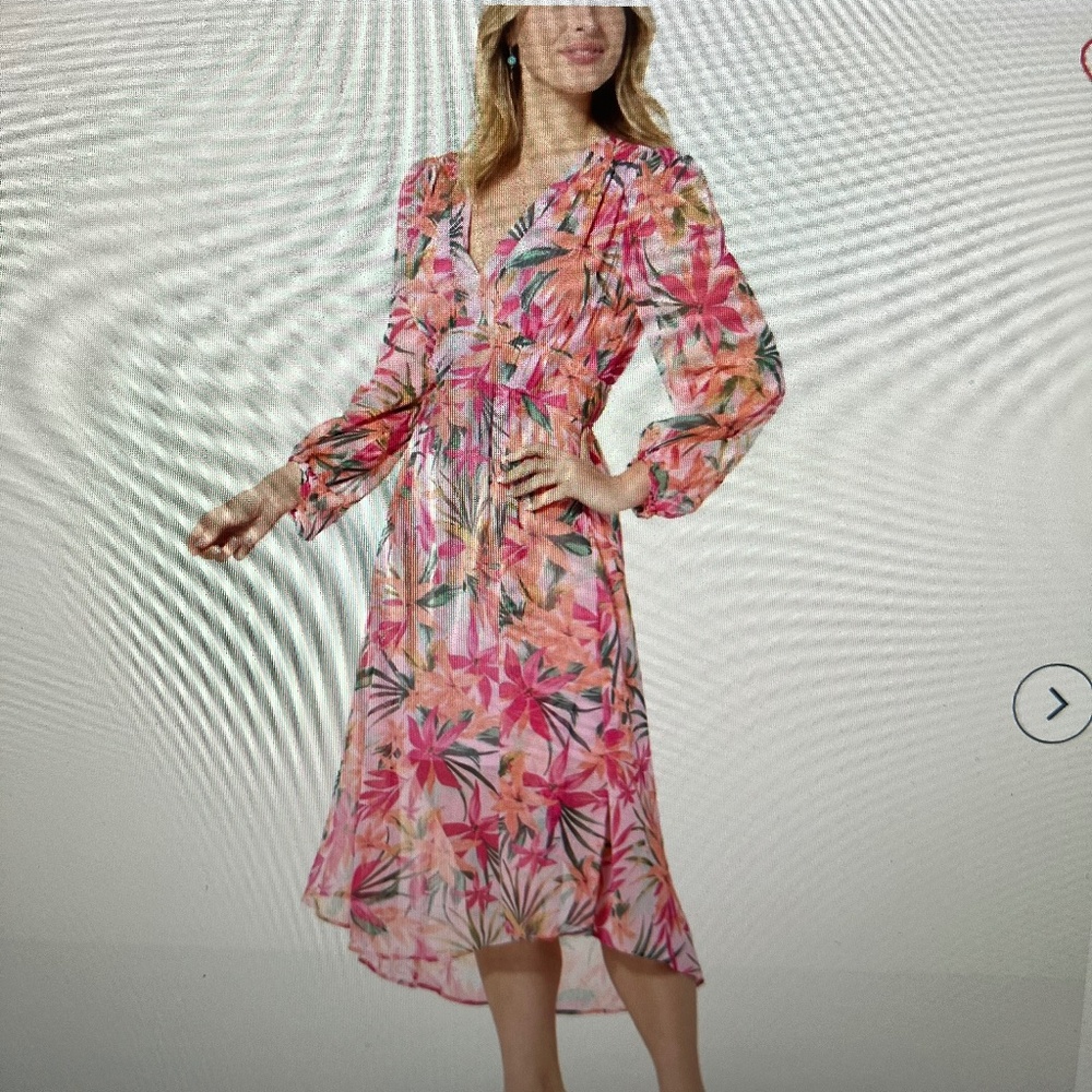 NWT JESSICA SIMPSON PINK FLORAL CHIFFON VNECK LONG SLEEVE DRESS SMALL